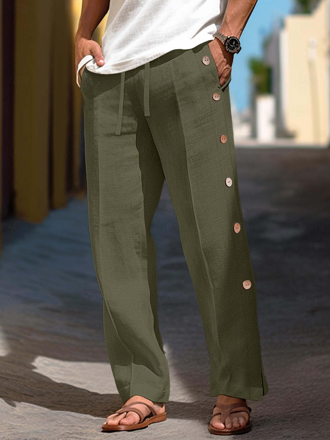 Men's Linen Pants Trousers Pants Drawstring Elastic Waist Side Button