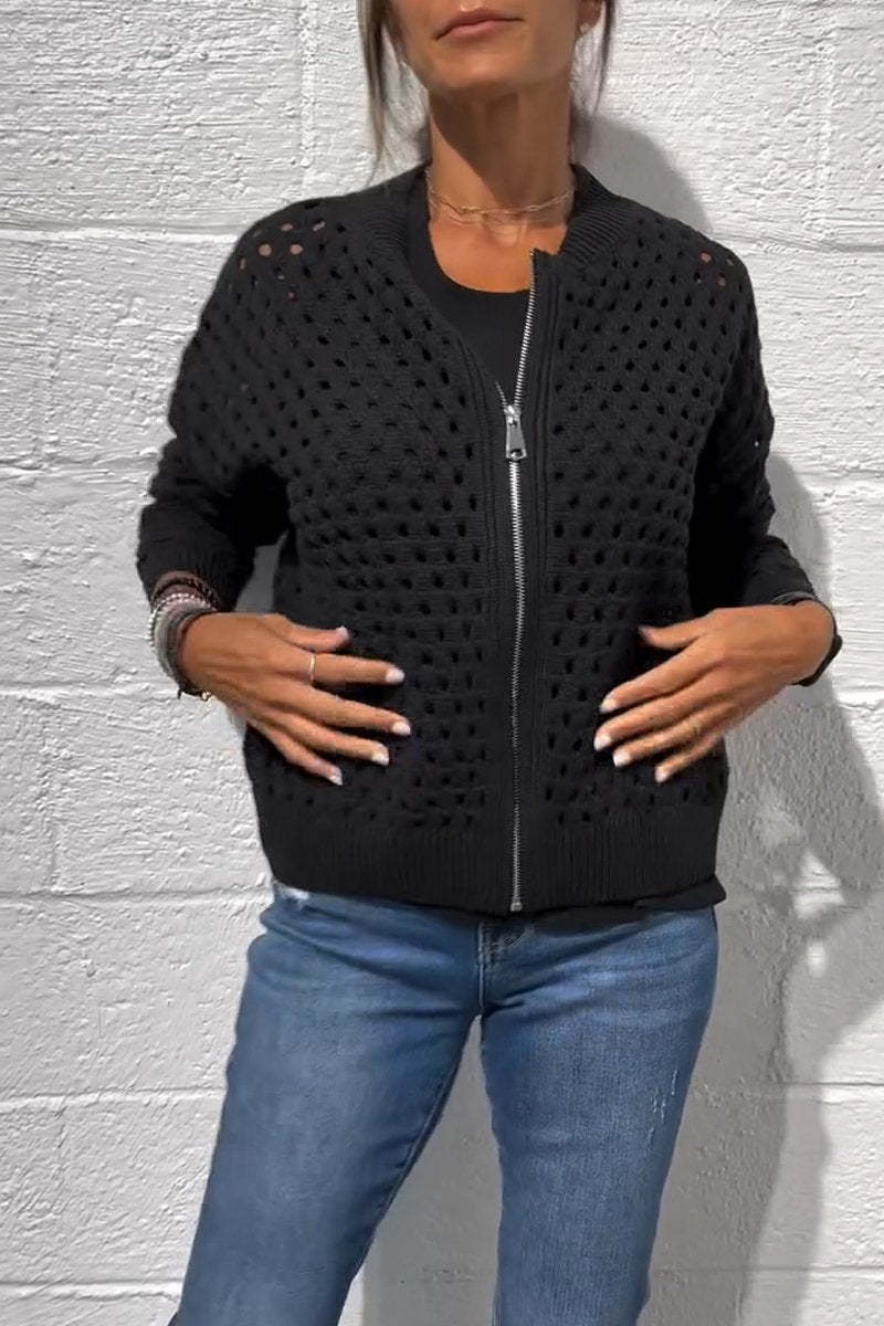 Women's Hollow Knit Zipper Jacket | Casual Openwork Cardigan Coat