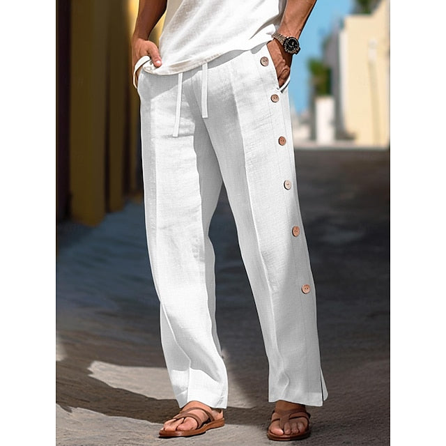 Men's Linen Pants Trousers Pants Drawstring Elastic Waist Side Button