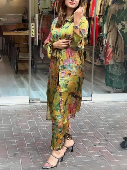 Women's lapel button-down printed shirt long coat and pants set