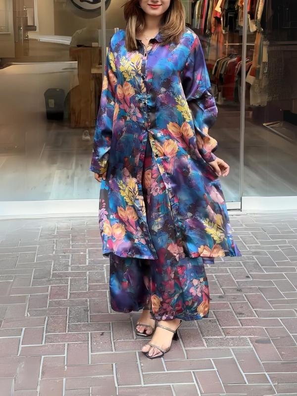 Women's lapel button-down printed shirt long coat and pants set