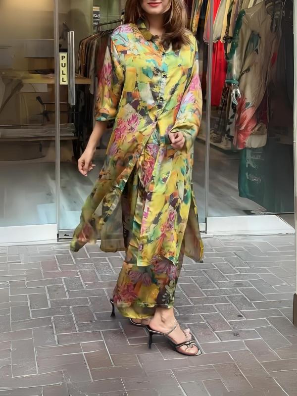 Women's lapel button-down printed shirt long coat and pants set