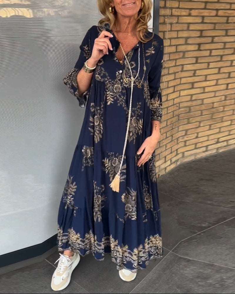 Women's Vintage V-Neck Dress | Loose Fit Boho Maxi Dress