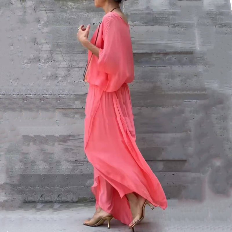 Women's Chiffon Two-Piece Set | Loose Top & High-Slit Wide Leg Pants