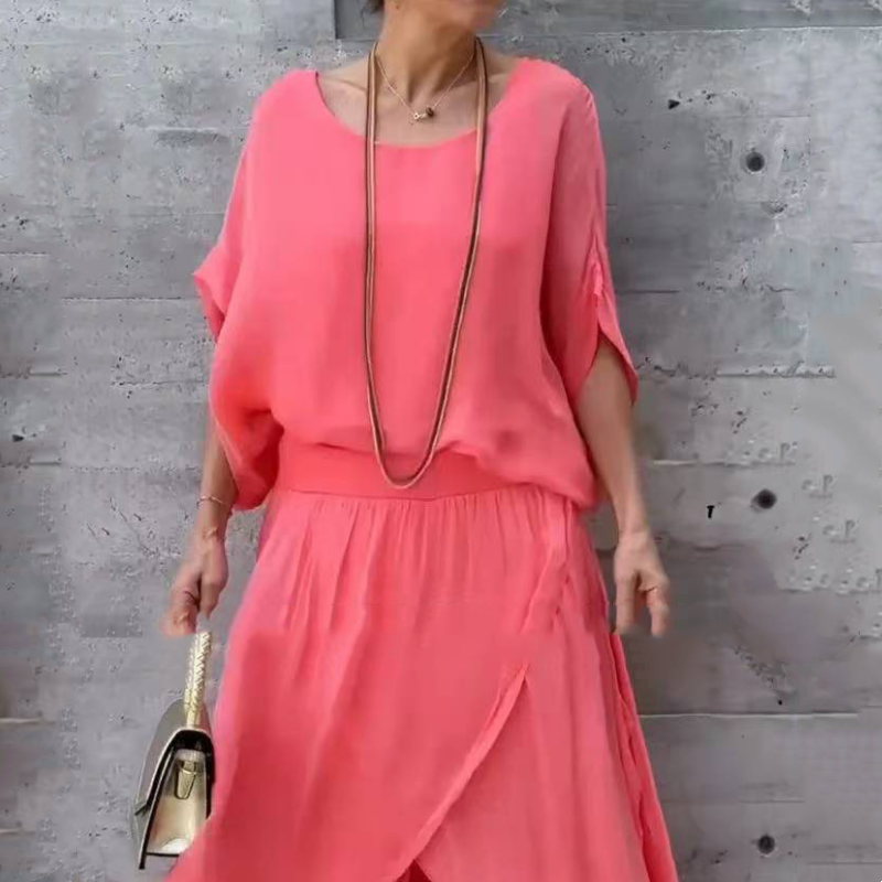 Women's Chiffon Two-Piece Set | Loose Top & High-Slit Wide Leg Pants