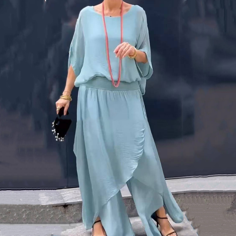 Women's Chiffon Two-Piece Set | Loose Top & High-Slit Wide Leg Pants