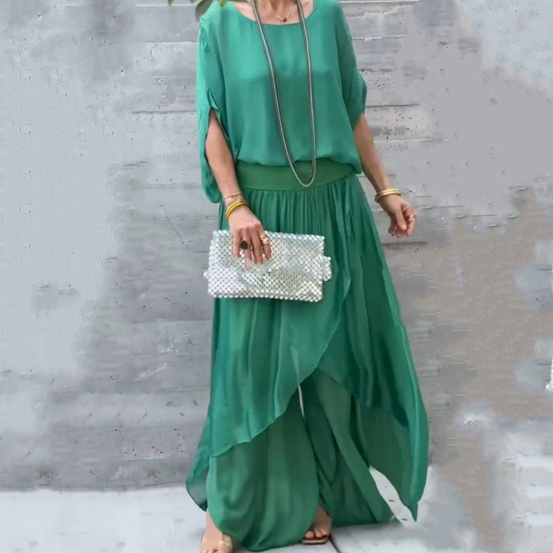 Women's Chiffon Two-Piece Set | Loose Top & High-Slit Wide Leg Pants