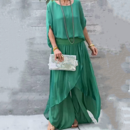 Women's Chiffon Two-Piece Set | Loose Top & High-Slit Wide Leg Pants