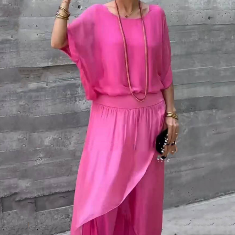 Women's Chiffon Two-Piece Set | Loose Top & High-Slit Wide Leg Pants