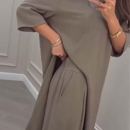 💕Women's Solid Color 2-Piece Set | Irregular Hem Top & Wide Leg Pants