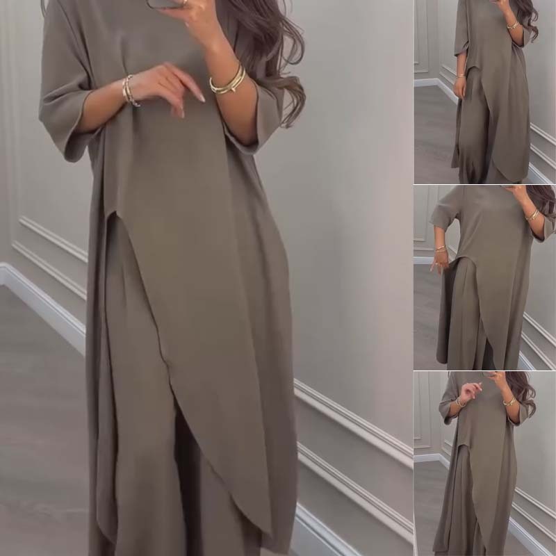 💕Women's Solid Color 2-Piece Set | Irregular Hem Top & Wide Leg Pants