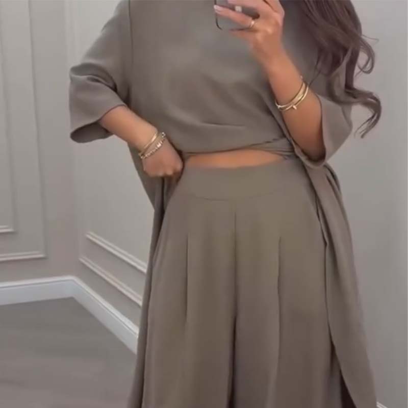 💕Women's Solid Color 2-Piece Set | Irregular Hem Top & Wide Leg Pants