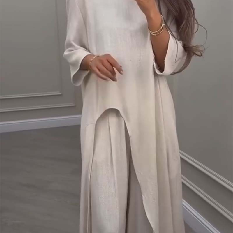 💕Women's Solid Color 2-Piece Set | Irregular Hem Top & Wide Leg Pants