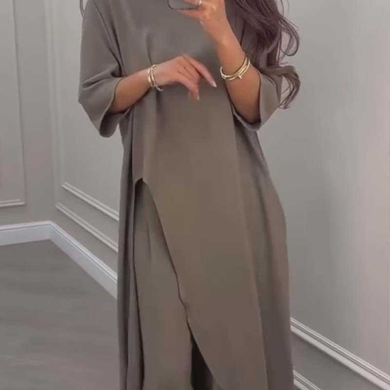 💕Women's Solid Color 2-Piece Set | Irregular Hem Top & Wide Leg Pants