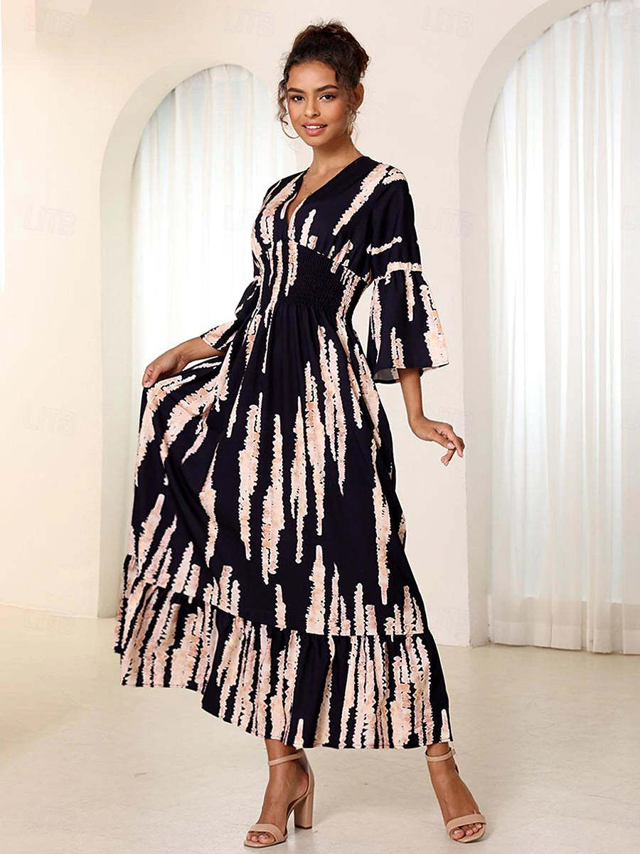 Ruocoo - V-neck tie-dye print dress