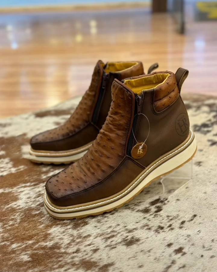 Men Ostrich Print Leather Handcrafted Western Wide Square Toe Brown Cowboy Boots