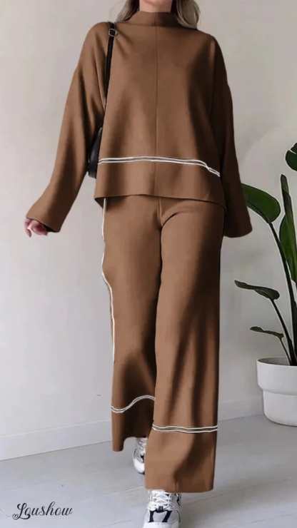 Autumn New Fashion Contrast Color Round Neck Long Sleeve Versatile Knitted Sweater Two-Piece Suit