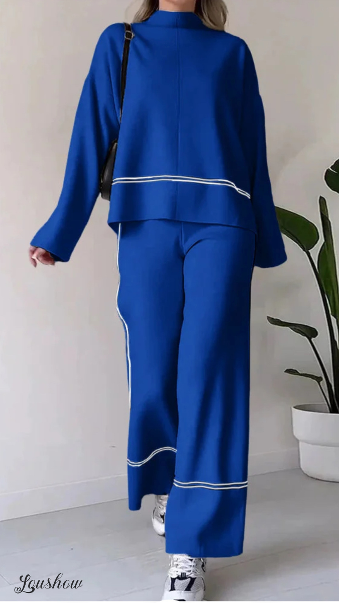 Autumn New Fashion Contrast Color Round Neck Long Sleeve Versatile Knitted Sweater Two-Piece Suit