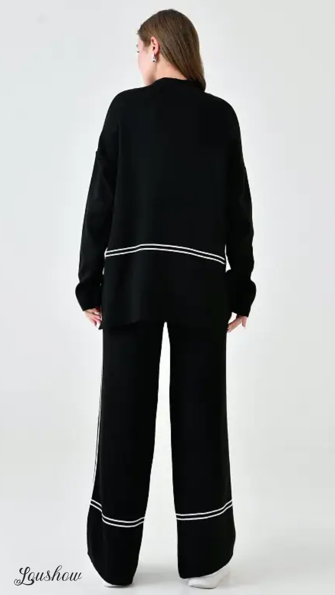 Autumn New Fashion Contrast Color Round Neck Long Sleeve Versatile Knitted Sweater Two-Piece Suit