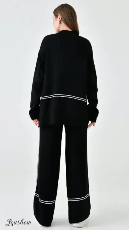 Autumn New Fashion Contrast Color Round Neck Long Sleeve Versatile Knitted Sweater Two-Piece Suit