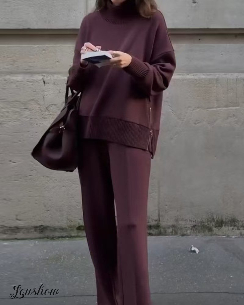 New spring and autumn solid color round neck loose casual sweatshirt and trousers two-piece set