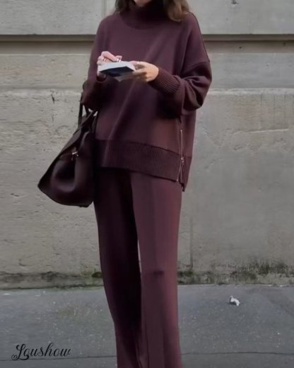 New spring and autumn solid color round neck loose casual sweatshirt and trousers two-piece set