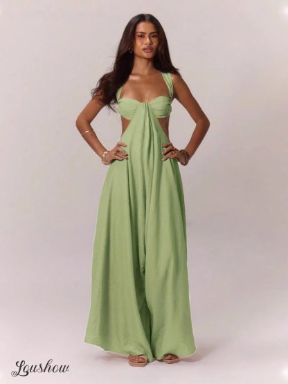 Women's Sleeveless Double Shoulder Tube Top Hollow Casual Jumpsuit