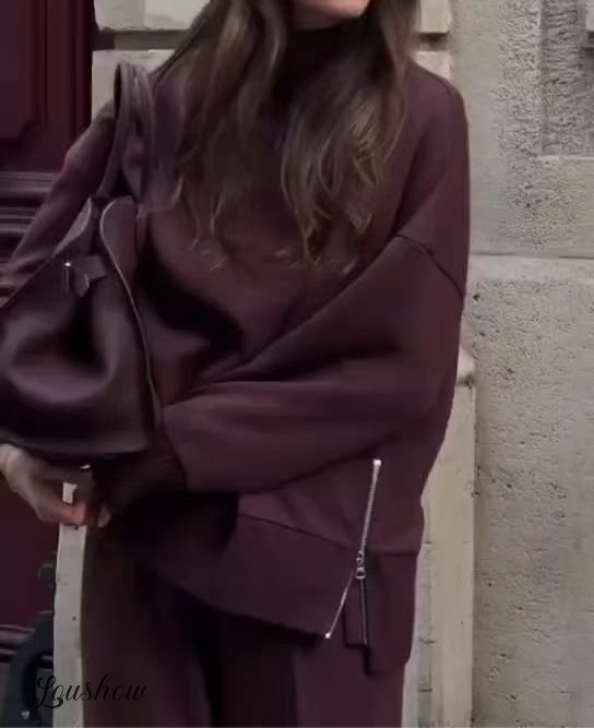 New spring and autumn solid color round neck loose casual sweatshirt and trousers two-piece set