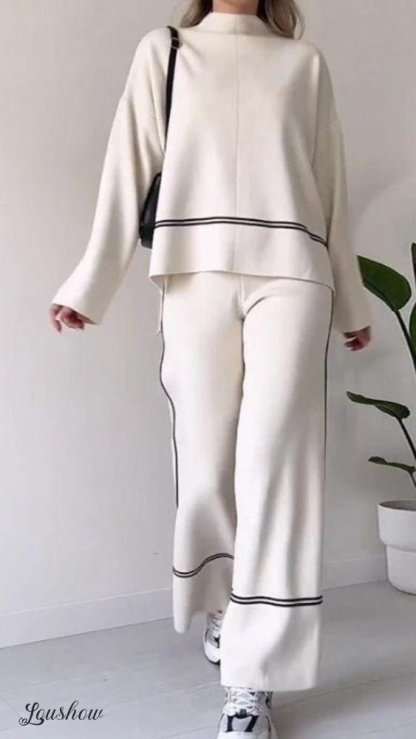 Autumn New Fashion Contrast Color Round Neck Long Sleeve Versatile Knitted Sweater Two-Piece Suit