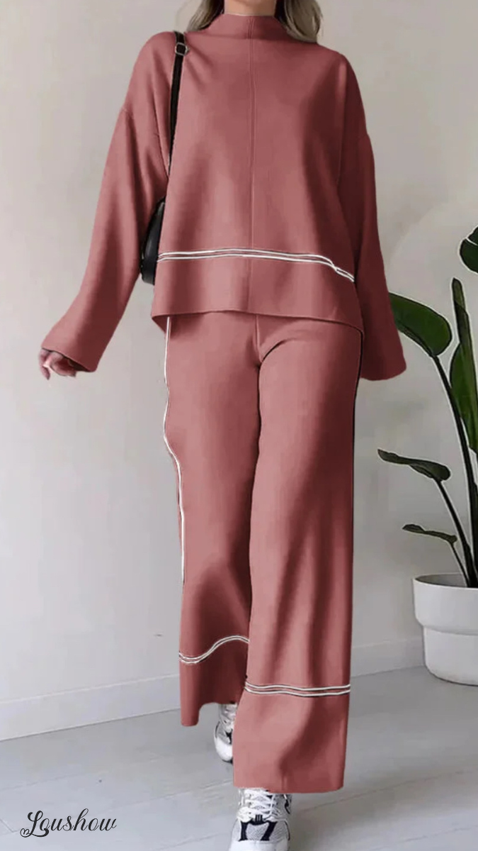 Autumn New Fashion Contrast Color Round Neck Long Sleeve Versatile Knitted Sweater Two-Piece Suit