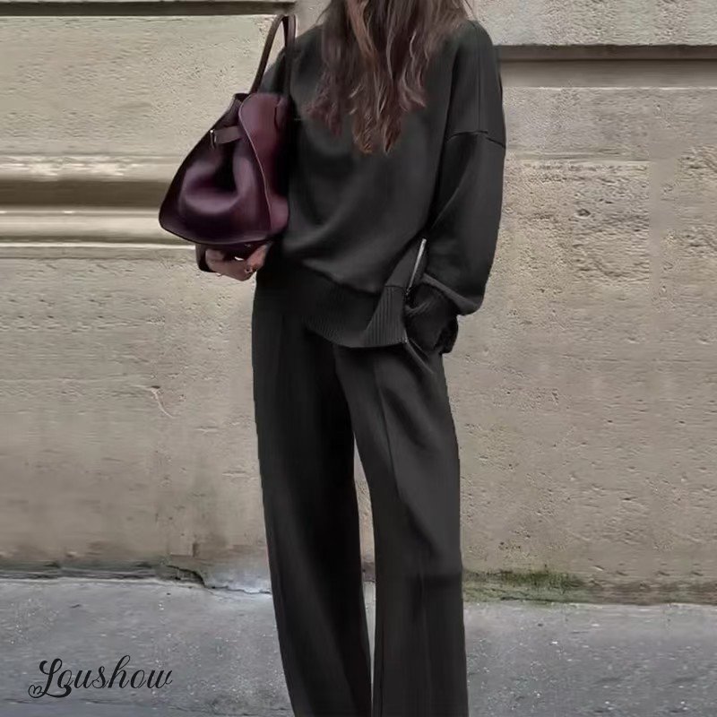 New spring and autumn solid color round neck loose casual sweatshirt and trousers two-piece set