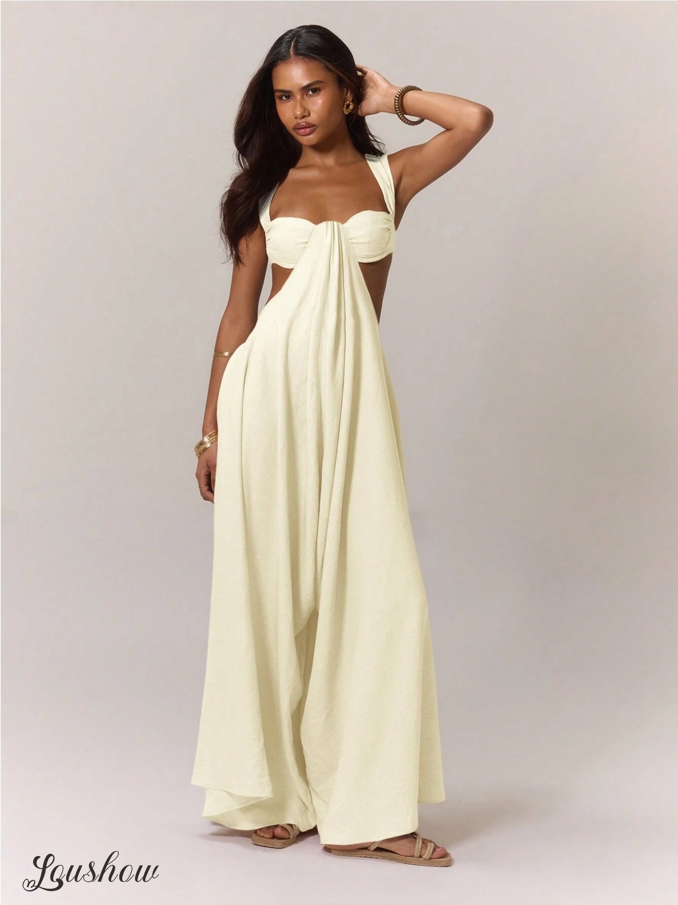 Women's Sleeveless Double Shoulder Tube Top Hollow Casual Jumpsuit