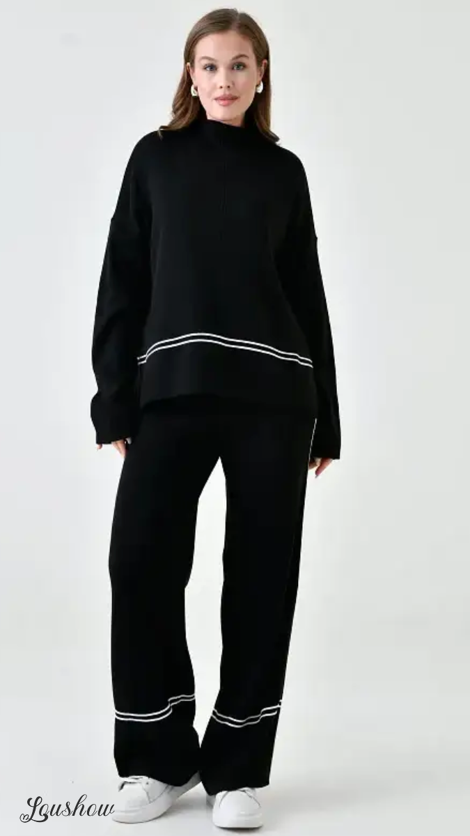 Autumn New Fashion Contrast Color Round Neck Long Sleeve Versatile Knitted Sweater Two-Piece Suit