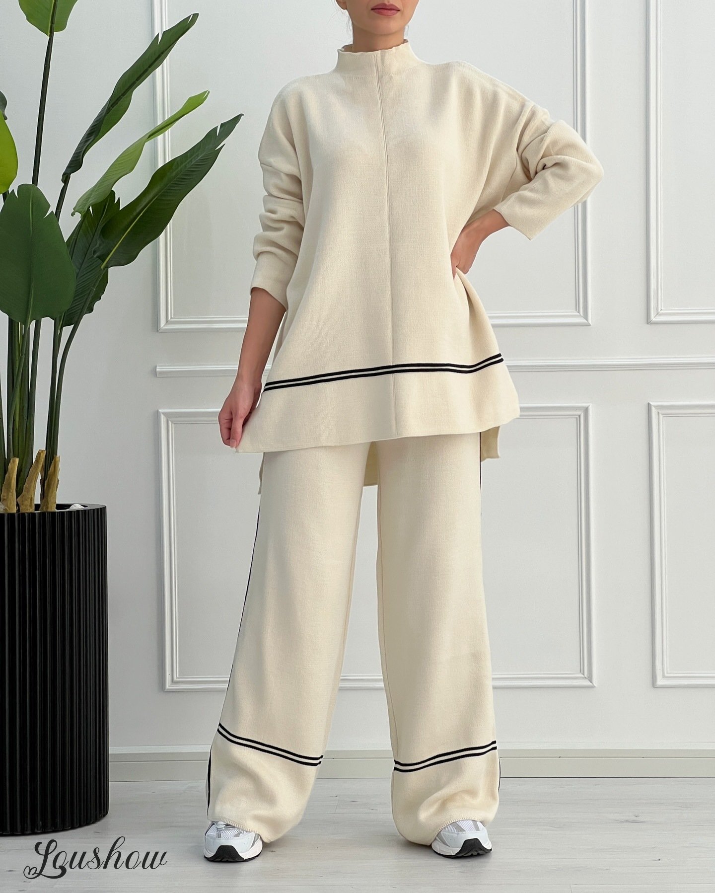 Autumn New Fashion Contrast Color Round Neck Long Sleeve Versatile Knitted Sweater Two-Piece Suit