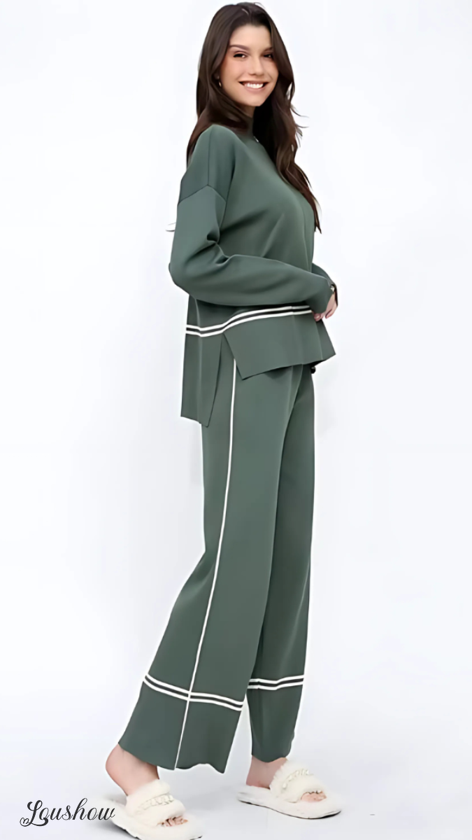 Autumn New Fashion Contrast Color Round Neck Long Sleeve Versatile Knitted Sweater Two-Piece Suit