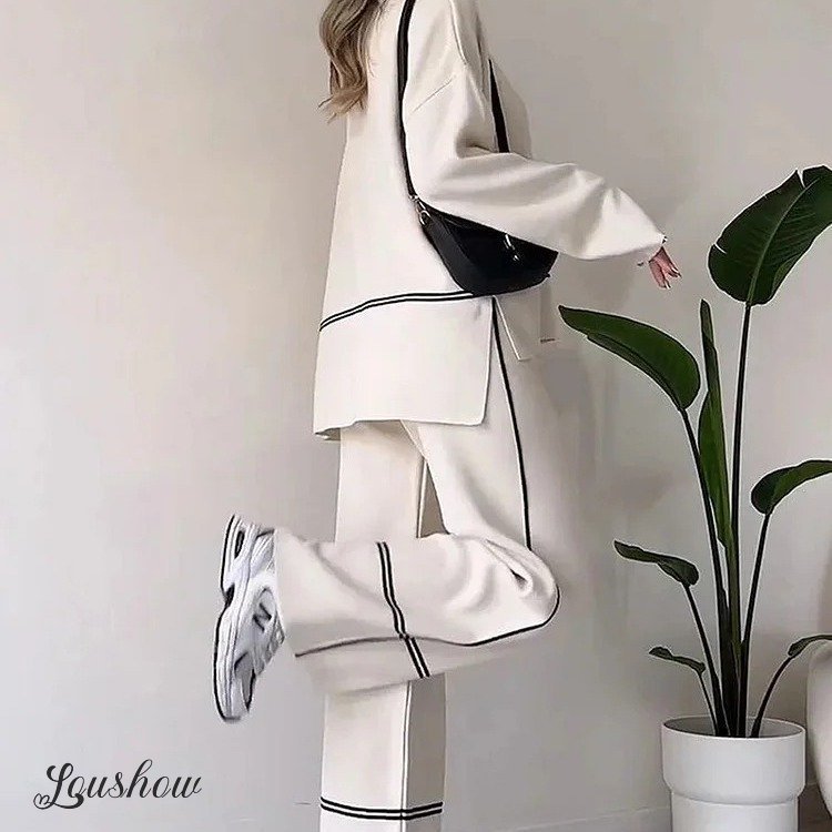 Autumn New Fashion Contrast Color Round Neck Long Sleeve Versatile Knitted Sweater Two-Piece Suit