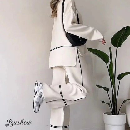 Autumn New Fashion Contrast Color Round Neck Long Sleeve Versatile Knitted Sweater Two-Piece Suit