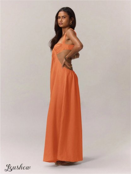 Women's Sleeveless Double Shoulder Tube Top Hollow Casual Jumpsuit