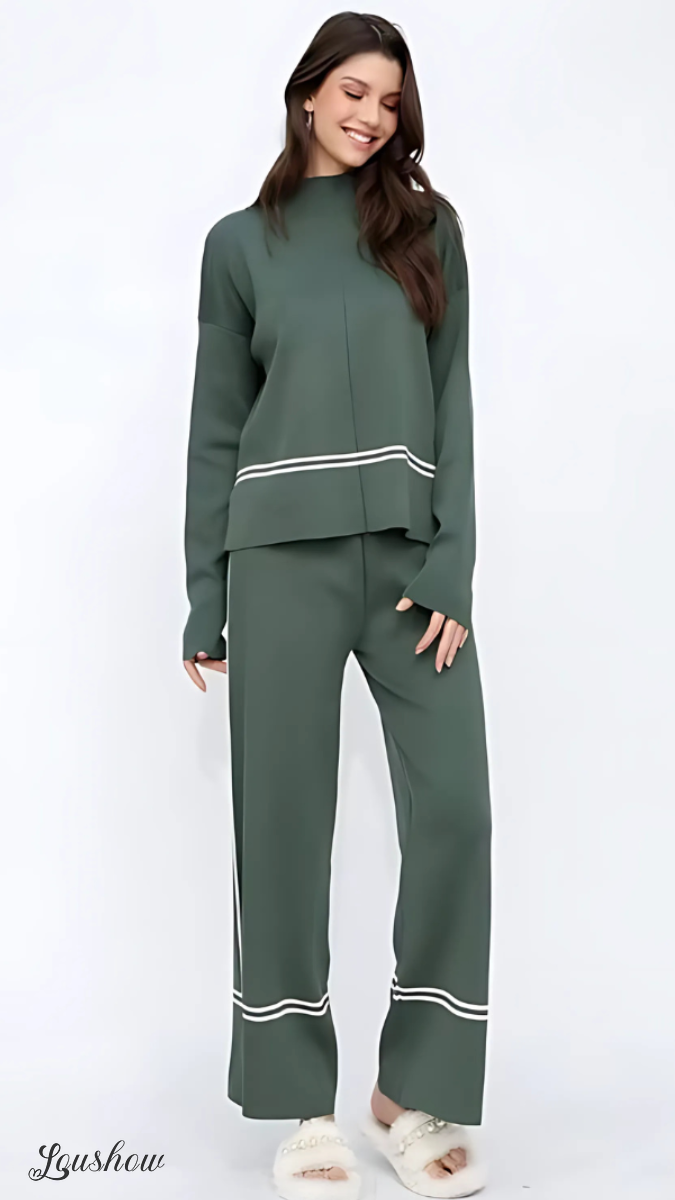Autumn New Fashion Contrast Color Round Neck Long Sleeve Versatile Knitted Sweater Two-Piece Suit