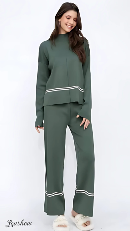 Autumn New Fashion Contrast Color Round Neck Long Sleeve Versatile Knitted Sweater Two-Piece Suit