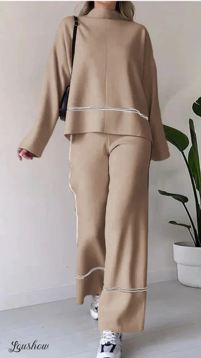 Autumn New Fashion Contrast Color Round Neck Long Sleeve Versatile Knitted Sweater Two-Piece Suit