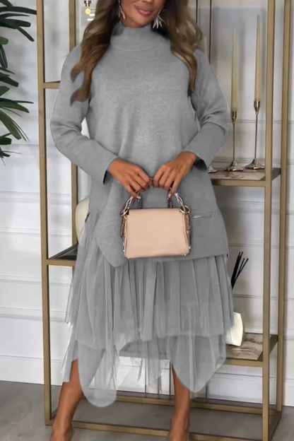 Women's Mesh Patchwork Dress | Solid Color Casual Maxi Dress