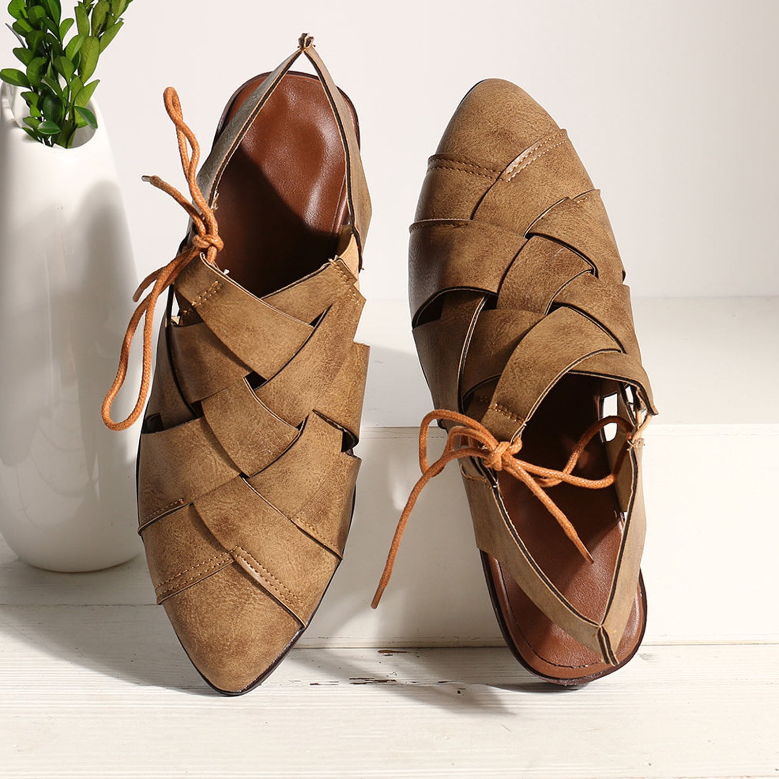 Women's Casual Hollow Side Lace Up Leather Woven Back Low Heel Roman Sandals