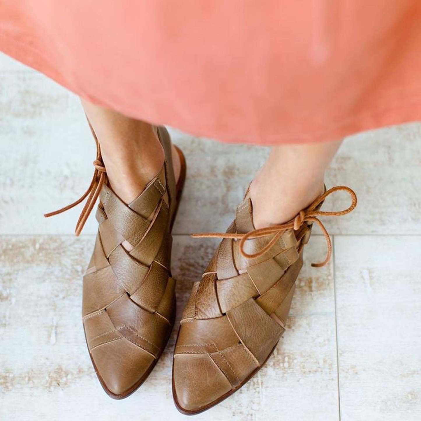 Women's Casual Hollow Side Lace Up Leather Woven Back Low Heel Roman Sandals