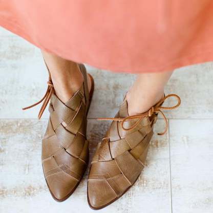 Women's Casual Hollow Side Lace Up Leather Woven Back Low Heel Roman Sandals