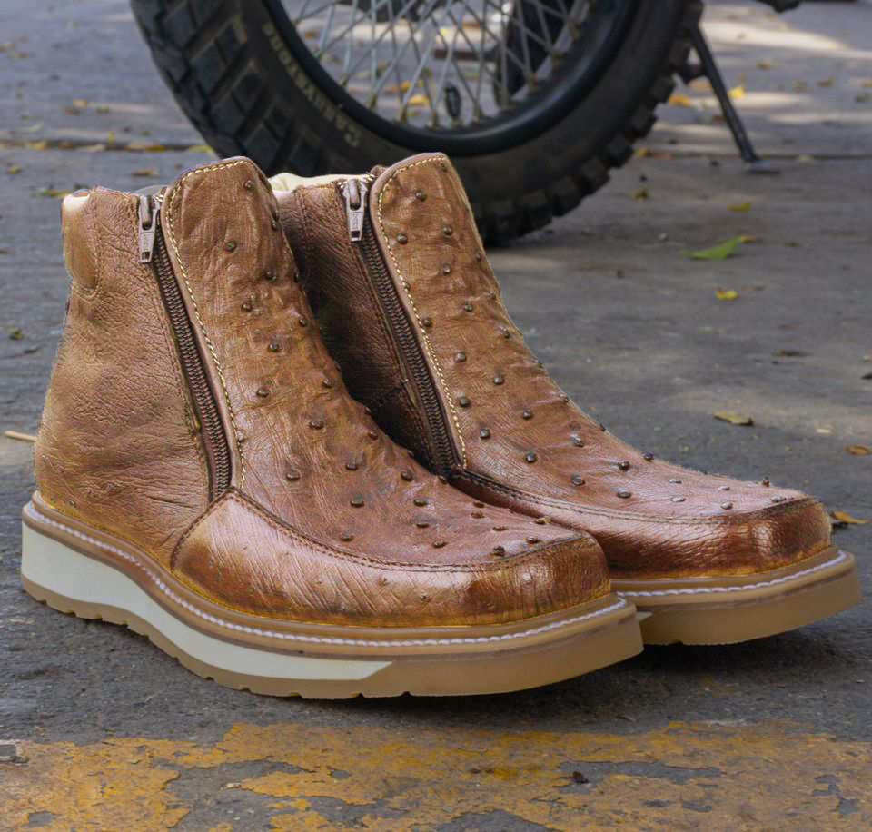 Men Ostrich Print Leather Handcrafted Western Wide Square Toe Brown Cowboy Boots