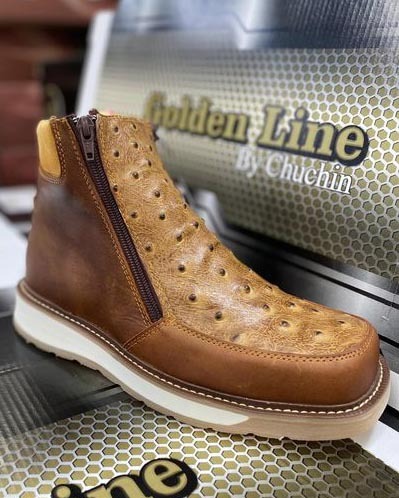 Men Ostrich Print Leather Handcrafted Western Wide Square Toe Brown Cowboy Boots
