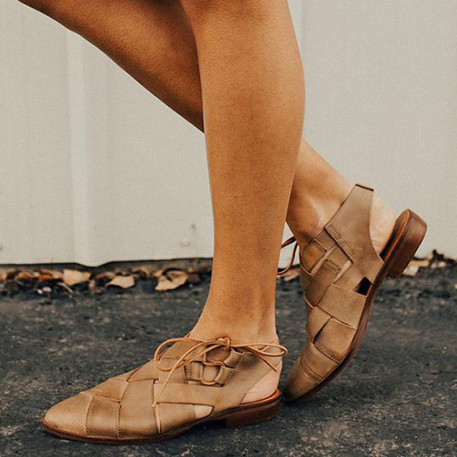 Women's Casual Hollow Side Lace Up Leather Woven Back Low Heel Roman Sandals