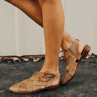 Women's Casual Hollow Side Lace Up Leather Woven Back Low Heel Roman Sandals