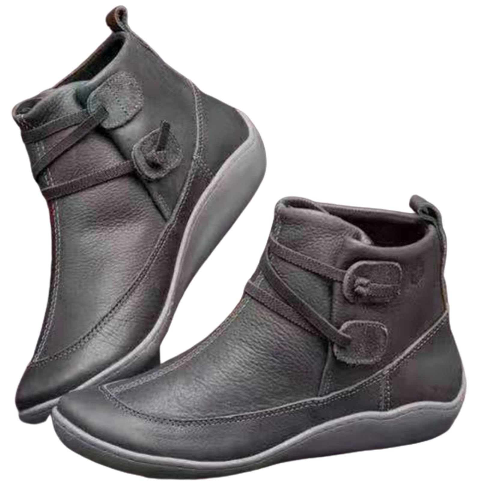 Women Faux Leather Lace Up Low Heel Flat Ankle Boots Plush Liner Warm Shoes